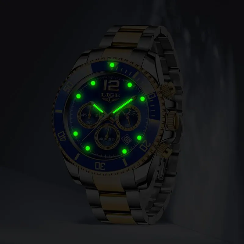 Män tittar på Lige Top rostfritt stål Waterproof Quartz Watch Men Fashion Sport Blue Chronograph Relogio Masculino2493