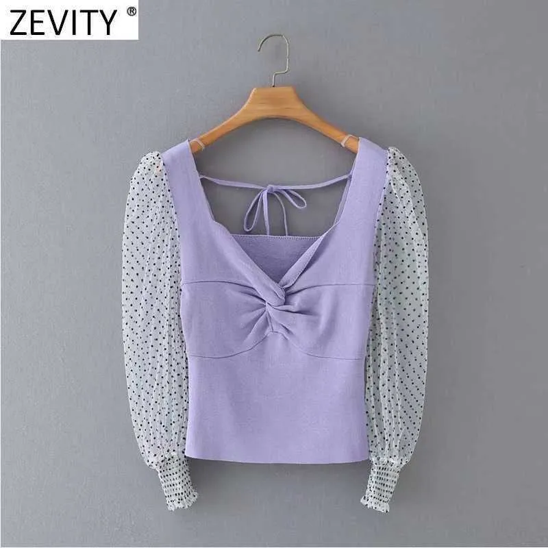 Zevity Spring女性スウィートドットメッシュスリーブパッチワークショートニットブラウスフェムメノンティックスリムシャツシックブルスストップスLS7566 210603