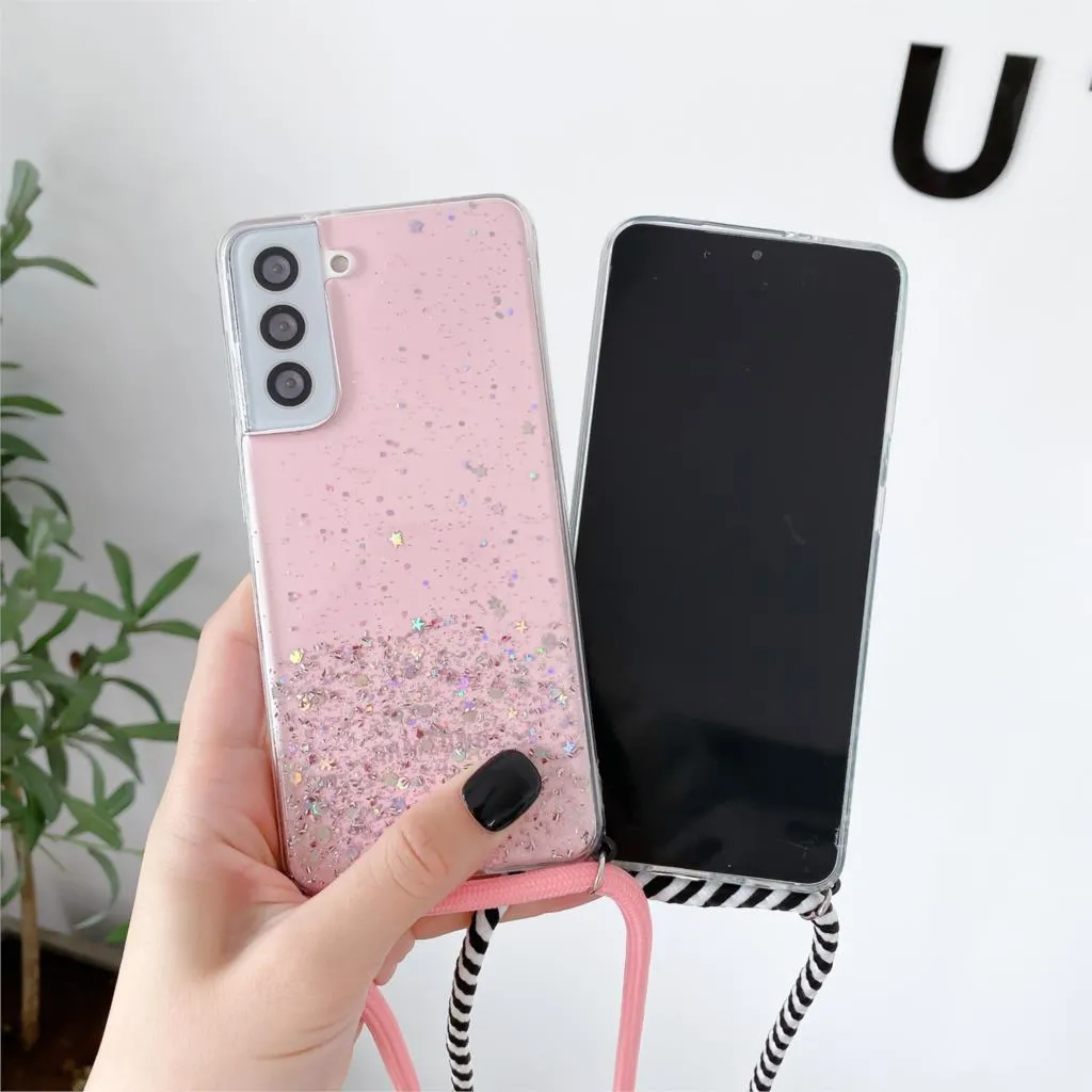 Custodie cordino con tracolla Samsung Galaxy A52 5G A32 A72 A12 A51 A50 S21 Ultra S20 FE S10 Plus Cover in silicone con glitter