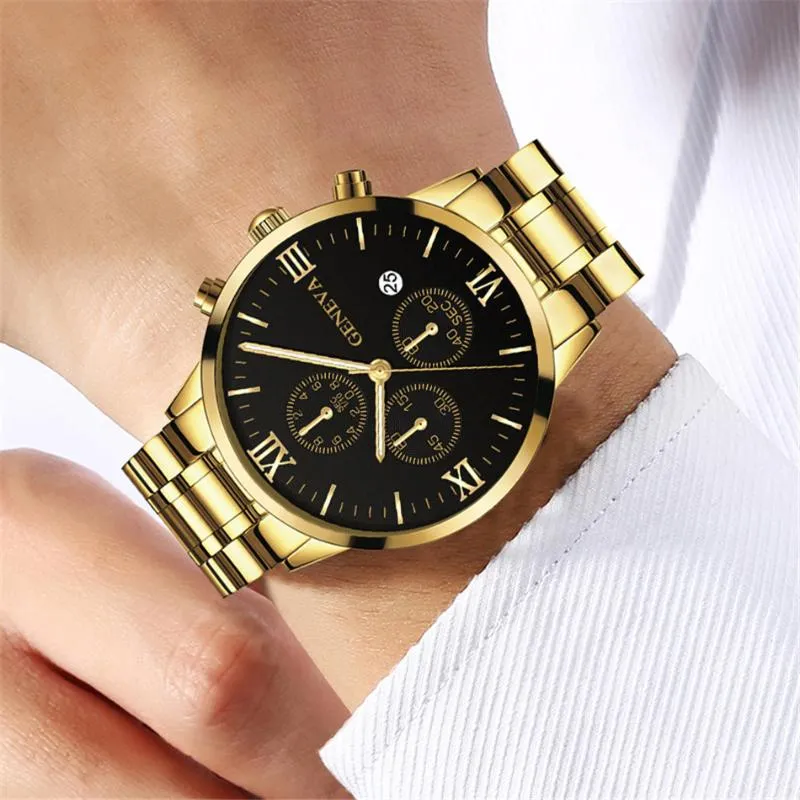 Wristwatches GENEVA Fashion Luxury Watch Men Stainless Steel Wrist Mens Watches Calendar Male Black Clock Relojes Hombre 2021221x