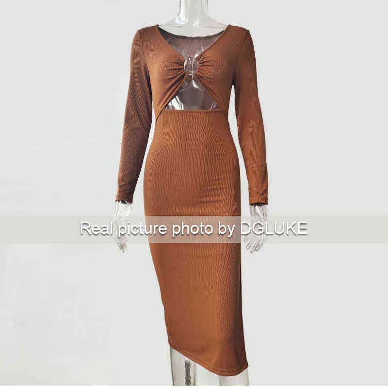 Vestidos de festa de manga comprida para as mulheres 2021 outono inverno sexy cortado bodycon vestido elegante MIDI longo vestido preto marrom g1214