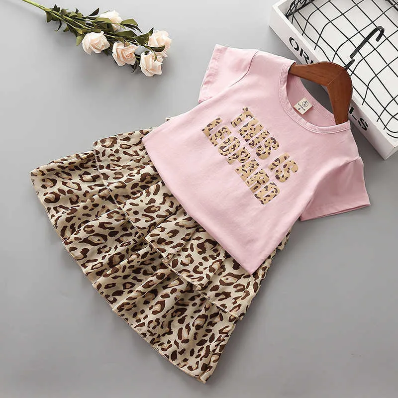 2-7 ans Ensembles de vêtements pour filles de haute qualité Summer Casual Letter Leopard Kid Enfants Chemise + Jupe 210615