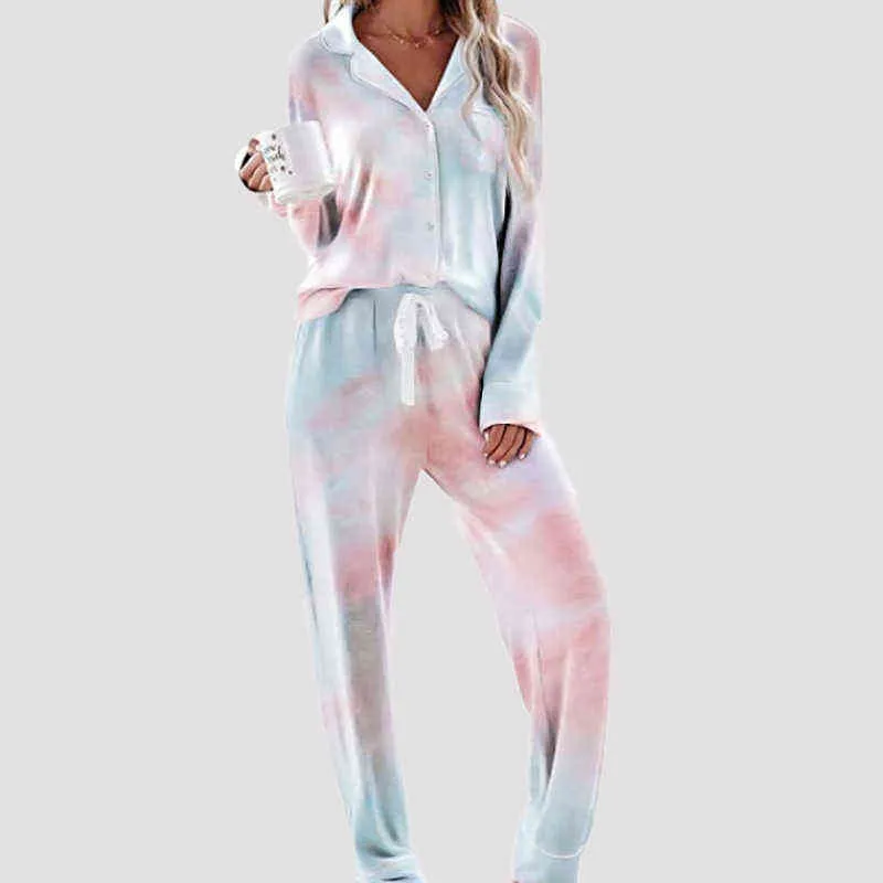 Automne Femmes Tie-Dye Turn-Down Col Bouton Homewear Pyjama Costumes Pantalons à manches longues Vêtements de nuit Soft Skin-Friendly Loungewear 211215