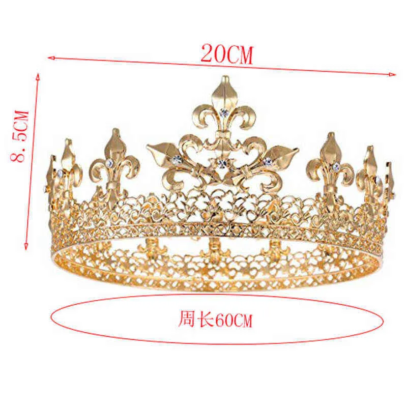 Barocke Vintage Royal King Crown Für Männer Full Runder Sliver Big Gold Tiaras und Kronen Prom Party Kostüm Haarschmuck 220125