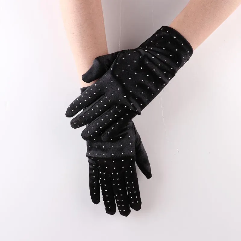 Перчатки с пятью пальцами, 1 пара, черные шелковые атласные свадебные варежки, модные варежки для свадьбы, невесты, с блестками, для женщин, Full3293