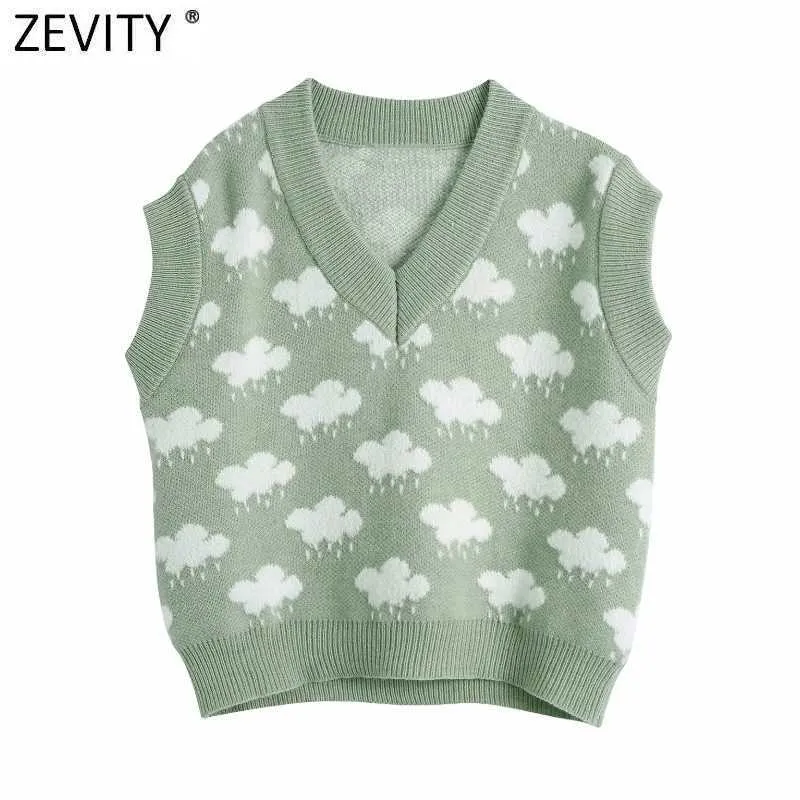 Zevity Women Fashion V Neck Cloud Pattern Knitting Sweater Female Sleeveless Casual Slim Vest Chic Leisure Pullovers Tops S669 210917