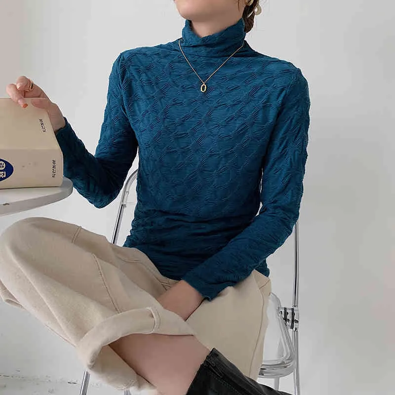 Spitze Plissee Warme Tops Vollärmelige Pullover Rollkragen Retro Schlankheits Solid Chic Basewear Sanfte T-Shirts 210525