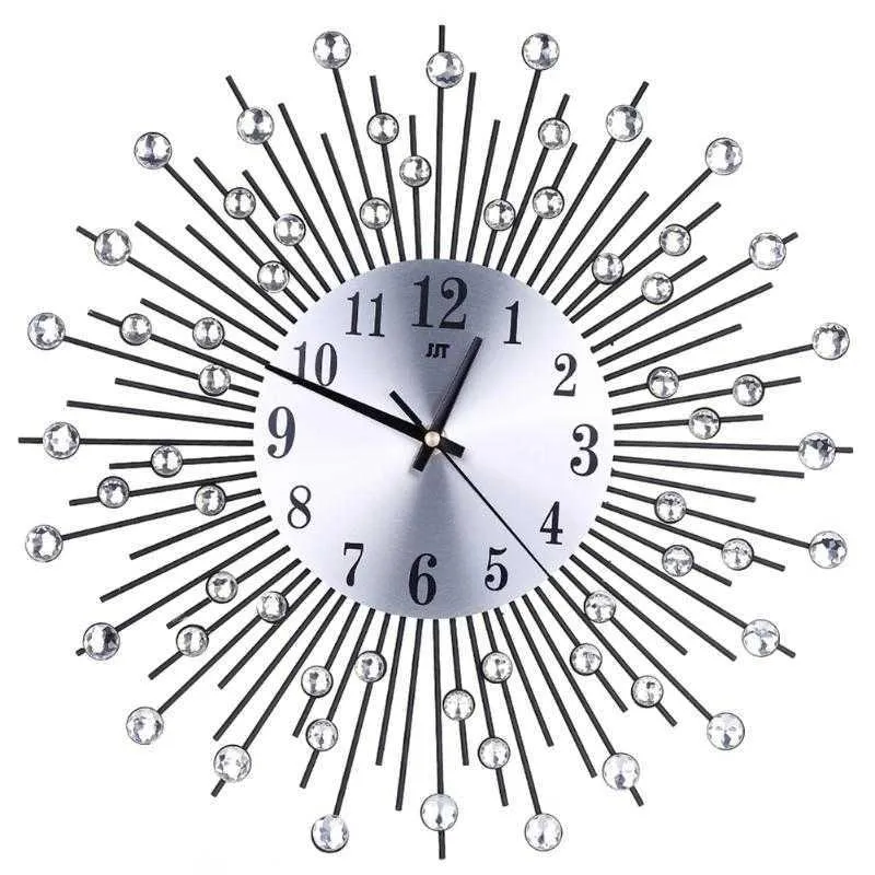 Horloge murale en métal Sunburst en cristal décoratif Home Art Décoration murale créative Horloge murale de luxe Horloges en diamant pour salon 210724