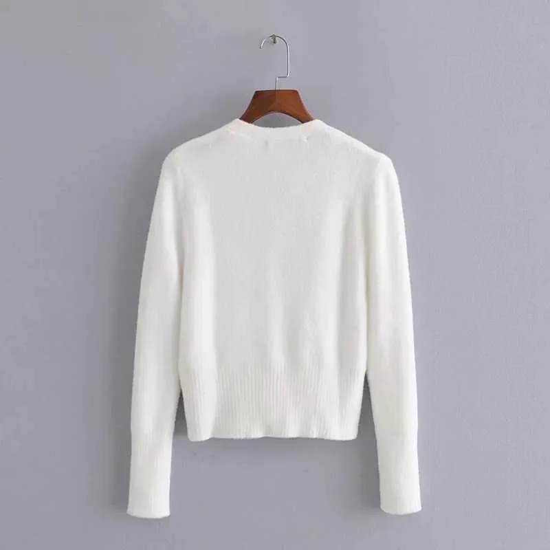 ZA Women White Mohair Button Solid Knitted Cardigan Sweater Slim Fit V-Neck Long Sleeve Ladies Fashion Autumn 211007