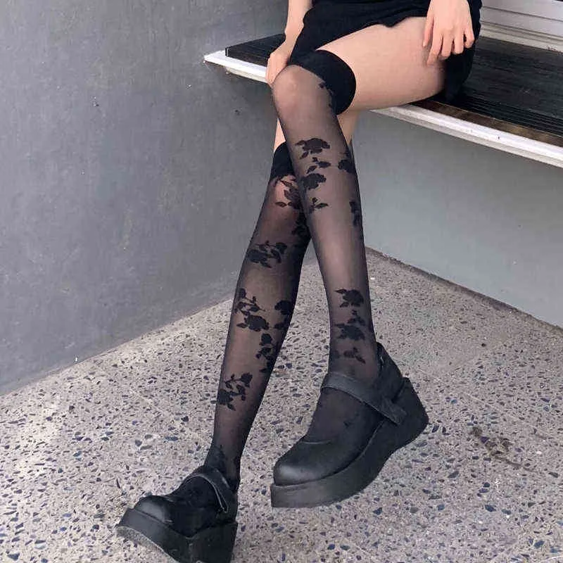 Czarne Gothic Women Skull Over Nenee Socks Sexy Długie Stretch Dark Goth Stocking Lato Cienkie Udo Wysokie pończochy Y1119