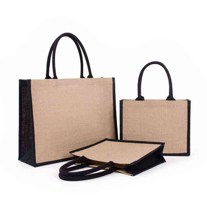 NXY Shopping Bags Women Foldable Jute Burlap Tote Bag Large Reusable Grocery with Handles Handbag Travel Storage Organizer Purse 220128
