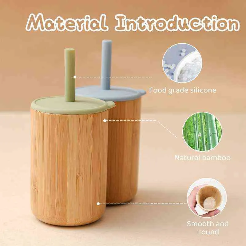 Let's Make Ensemble de couverts en silicone Vaisselle en éléphant Assiette à dîner en bois Baby Stuff Bavoir en silicone Sans BPA Bambou Tasse à paille en bois G1210