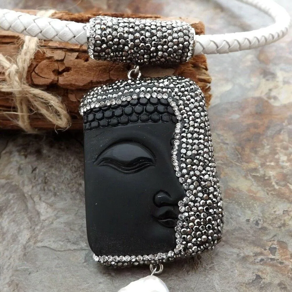 YYGEM – pendentif bouddha en pierre noire naturelle de 18 pouces, collier en cuir blanc, perle Keshi blanche, style religieux pour femmes