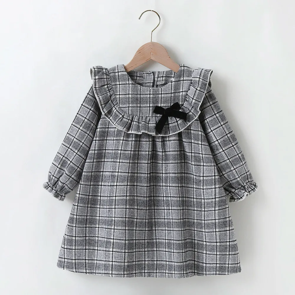 Automne hiver filles robe filles robes mignonnes à manches longues gris Plaid noir arc mignon doux bébé Vestidos 18M-6T 210303