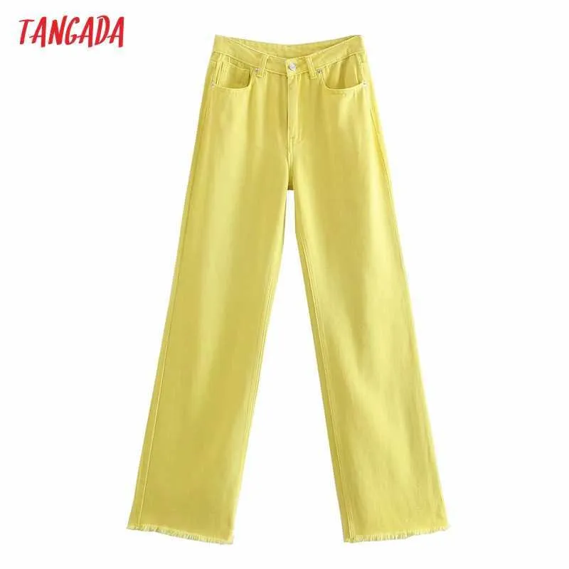 Tangada Mode Femmes Jaune Denim Jeans Pantalon Long Pantalon Poches Boutons Femme Taille Haute Pantalon 4M155 210609
