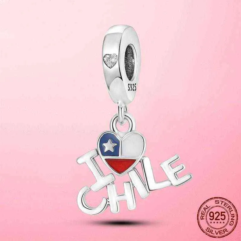 Colgante de plata de ley 925 con bandera de España, Chile y Brasil, cuentas de amor aptas para Pulsera Original, collar, joyería DIY 9067513