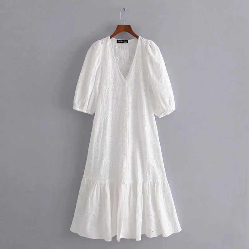 ZA blanc ajouré brodé oeillet robe mi-longue femmes manches bouffantes à volants ourlet robes de soirée femme coton été Vestidos 210602