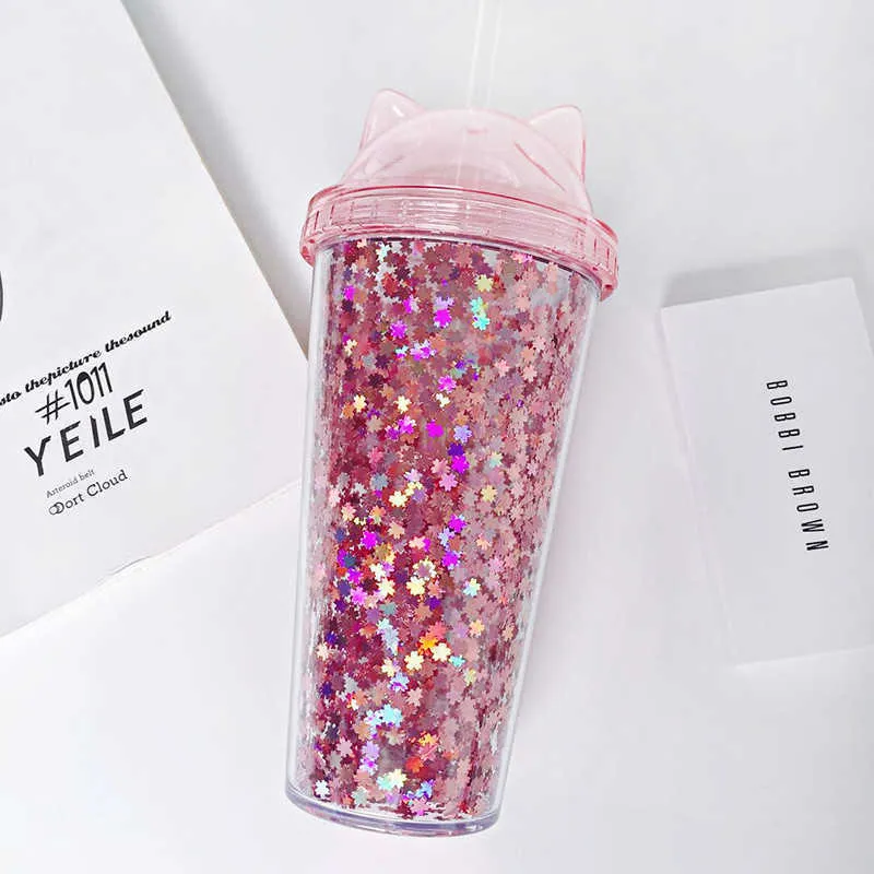 Sequined A Free Water Bottle with Straw Plastic Flash Cat Ear Double Wall Drinking Coffee Juice Cup 210908