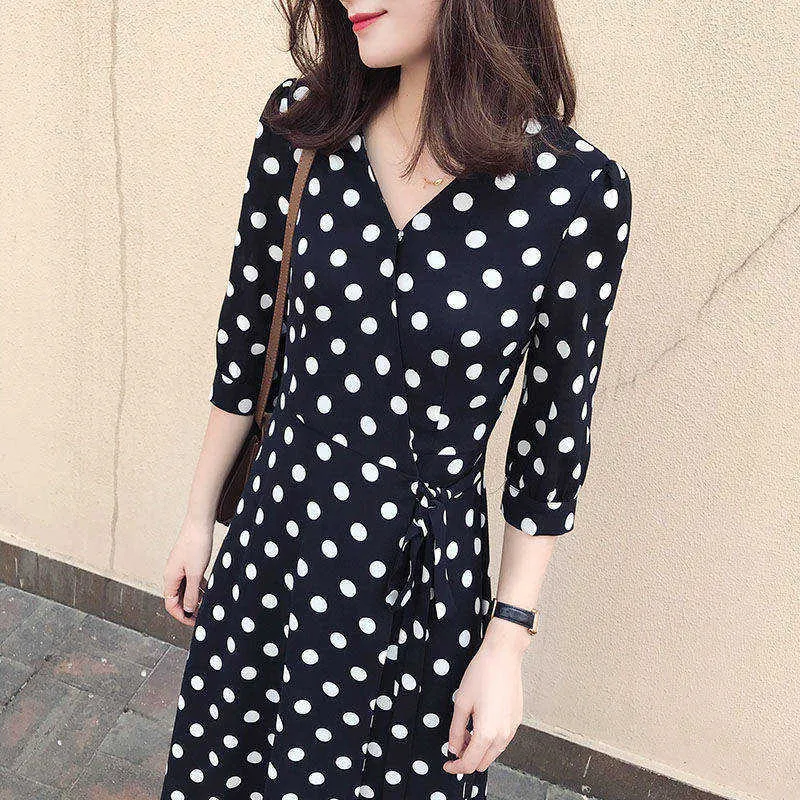 Summer Chiffon Dress V-Neck A-Line Vintage Maxi Long Polka Dot Beach Dresses Autumn Party Black Vestidos Frocks for Women 210625