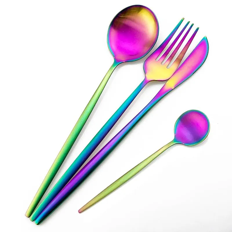 Servis uppsättningar 24st Rainbow Flatware 304 Rostfritt stål Tabellesuppsättning matt bestick dessert gaffel sked silverkök239t