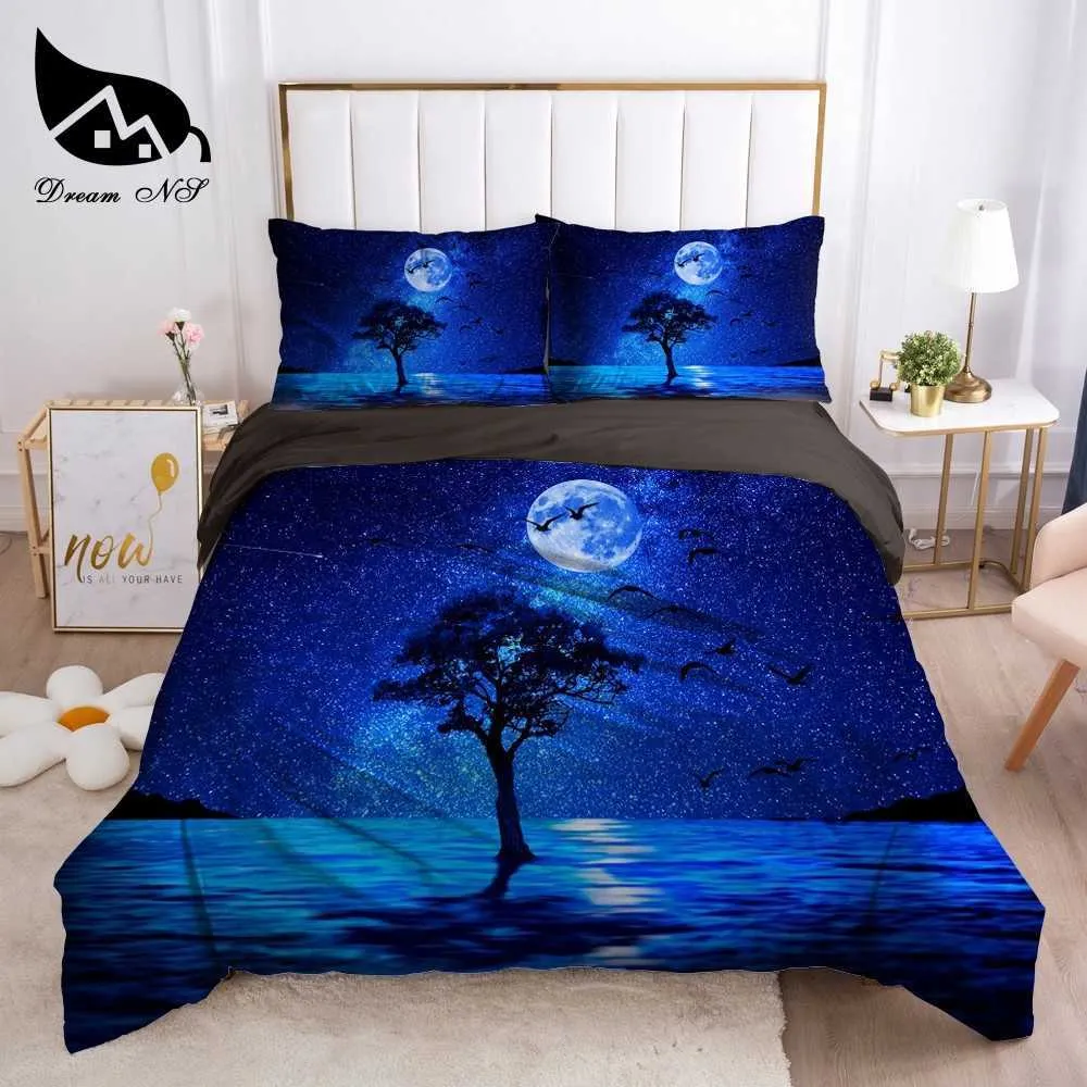 Dream NS Noc Widok na Morze Moonlight Art Pościel Home Tekstylia Zestaw Królowa Queen Bedclothes Duvet Pokrywa Pościel Zestaw Pościel 211007