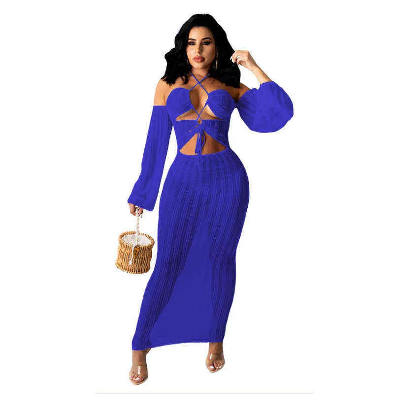 Cutubly Bandage Halter Sexy Maxi Dress Solid Color Tight Dress For Women Club Hollow Out Off Shoulder Long Sleeve Casual Dress 211116