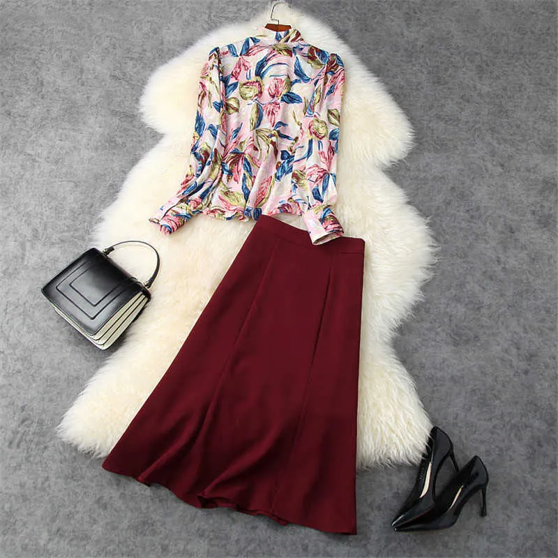 秋の女性滑走路スーツデザイナーファッションボウカラーランタンスリーブ花のブラウスとミディスカート2ピースセット衣装210601