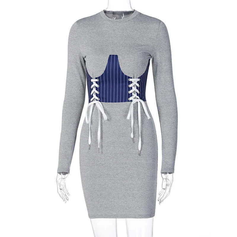 Colysmo tshirt klänning kvinnor patchwork spets upp rand långärmad smal passform mini bodycon klänningar falla dam mode vit vestidos 210527