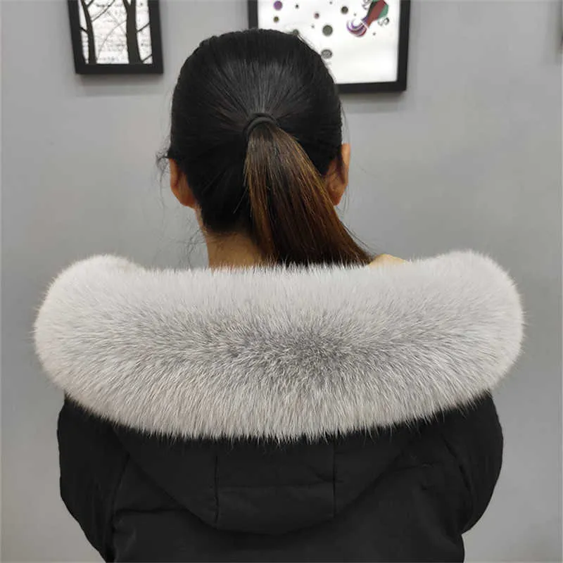 Luxury Winter 100% Real Fox Fur Collar Scarves for Women Coat Hood Warm Fox Straight Collar Scarf Trim Large Fur Shawl H0923