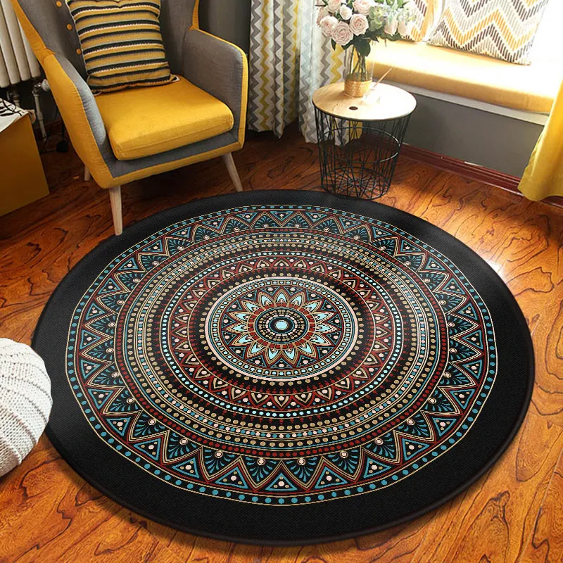 Tapis rond européen rétro style ethnique chambre salon tapis fleur impression balcon thé motif géométrique canapé coussin 210301