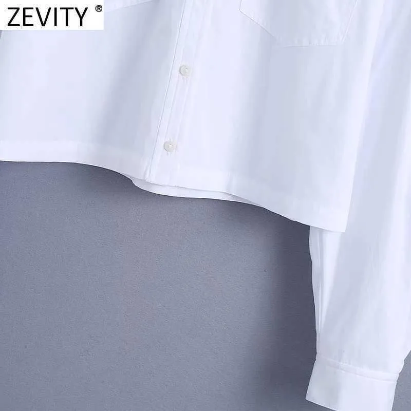 Zevity Frauen Mode Doppel Taschen Patch Kurze Kittel Bluse Weibliche Puff Sleeve Weißes Hemd Roupas Chic Chemise Tops LS7696 210603