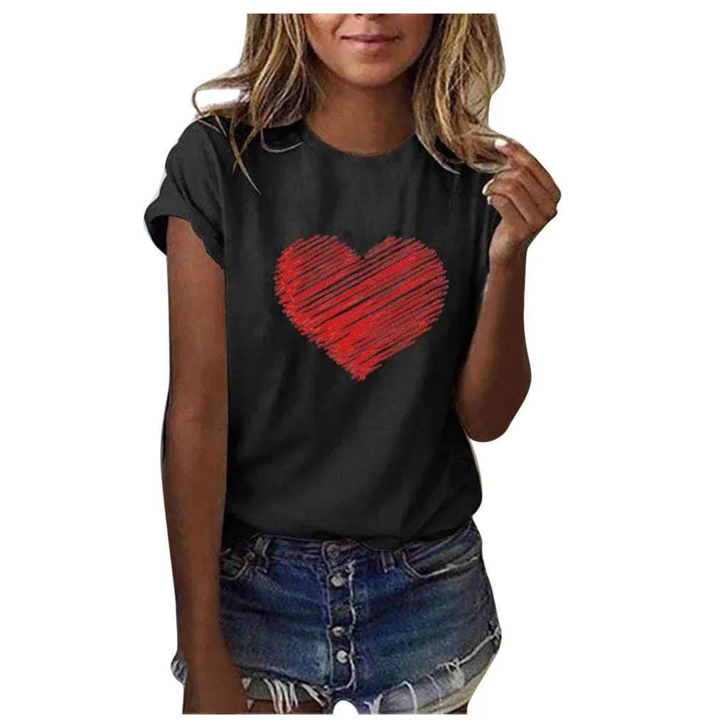 Women T Shirt Heart Print Valentines Day Casual Short Sleeve Tshirt O Neck Heart-shaped Pullover Tops Tee Shirts Mujer 2020 X0527
