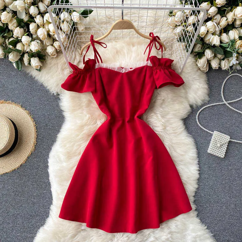 Dormi Dolce Dolce Fungo Dolce Slash Neck Suspender Dress Solid Color Manica Corta Slim Fashion Molla Estate 11B744 210709