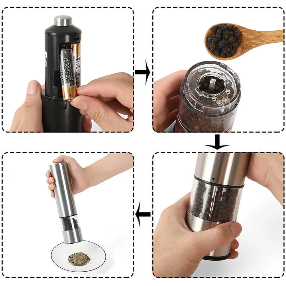 Electric Pepper Mill with Portable Stand Stainless Steel Spice Grain Seasoning Grinder Led Light Kitchen Grinding Tool 210713