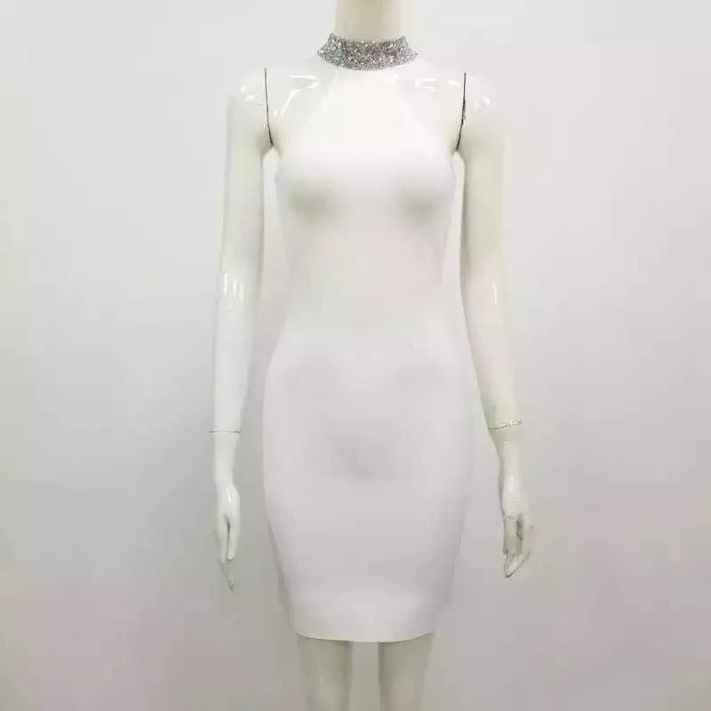 Robe de bandage dos nu sexy diamant pour femmes blanc noir sans manches col haut serré club célébrité fête 210527