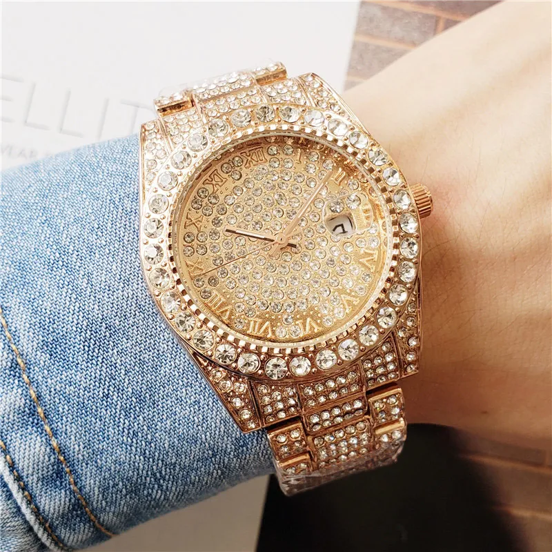 Luxury Men Watches Rose Gold Fashion Diamond Watch rostfritt stål manlig klocka kalender reloj de lujo244t