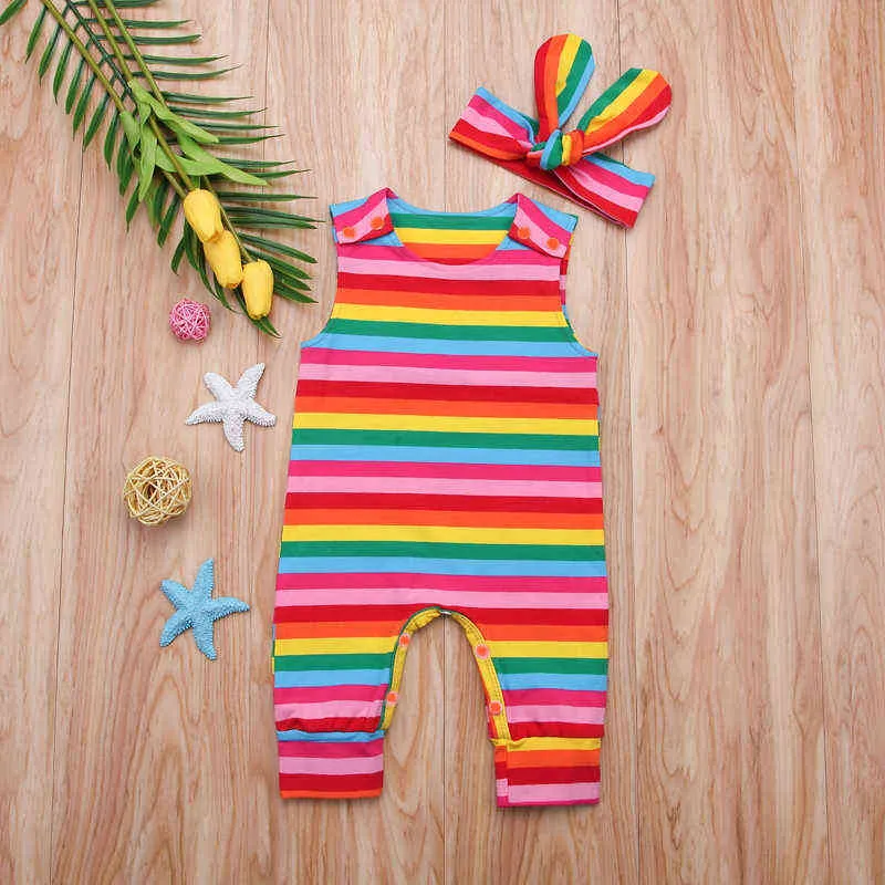 Pudcoco Fast Shipping 0-24M Newborn Baby Girls Romper Clothes Sleeveless Print Rainbow Romper Jumpsuit Cotton Clothes+Headband G1221