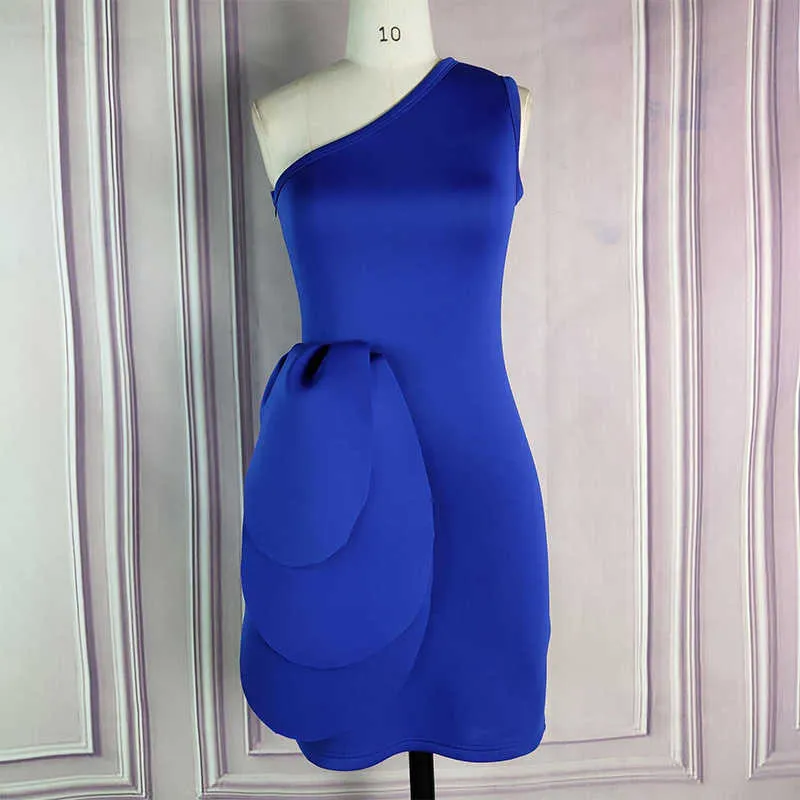 Синее обтягивающее платье на одно плечо для женщин Мини-длина Клубная одежда для девочек Сексуальные вечерние облегающие вечерние платья с оборками S XXL 210527