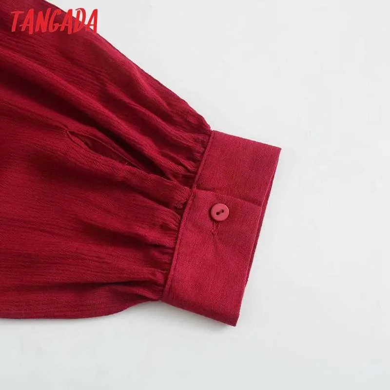 Tangada Frauen Retro-rotes Crop-Shirt Tunika Langarm schickes weibliches sexy kurzes Hemd-Top 6P51 210609