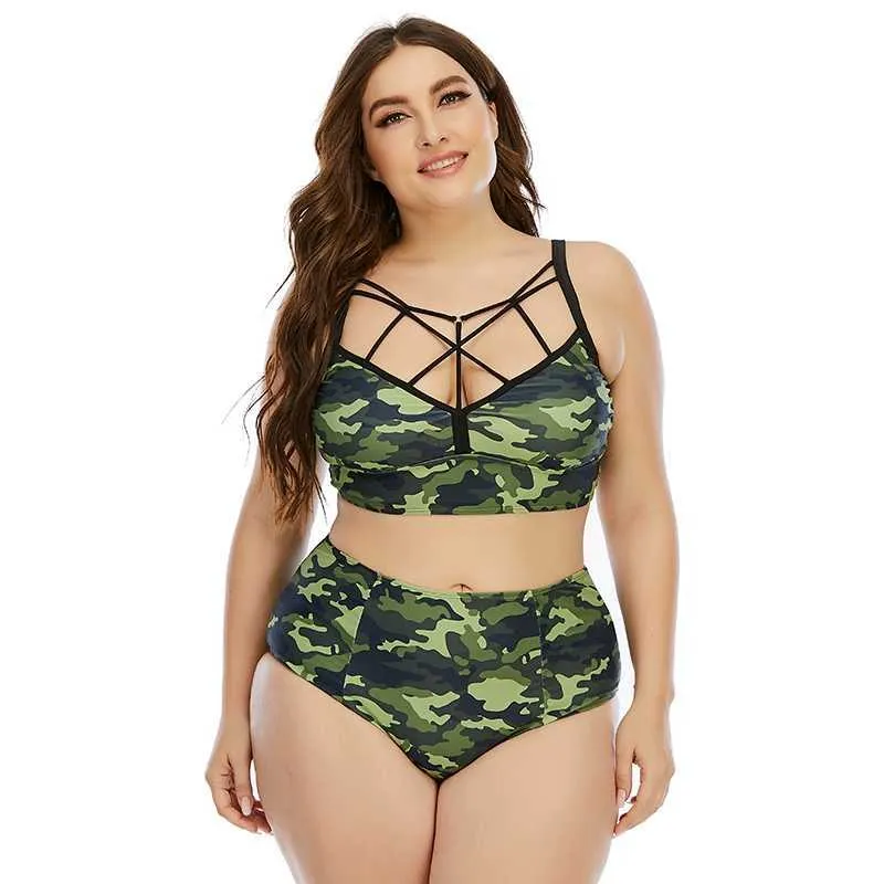 Plus Taille Taille Haute Bikini 2 Pièces Ensemble Femmes Maillot De Bain Bandage Maillots De Bain Camouflage Maillot De Bain Taille Haute Maillot De Bain 2021 Femme Y0820