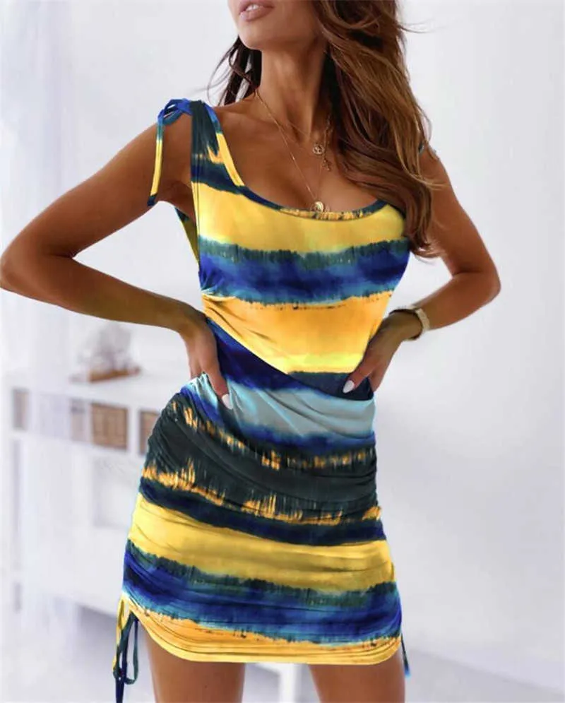 Tie Dye Fashion Women Summer Mini Dress Shrinkage Drawstring Design Round Neck Sleeveless High Waist Slim Dresses For Streetwear 210526