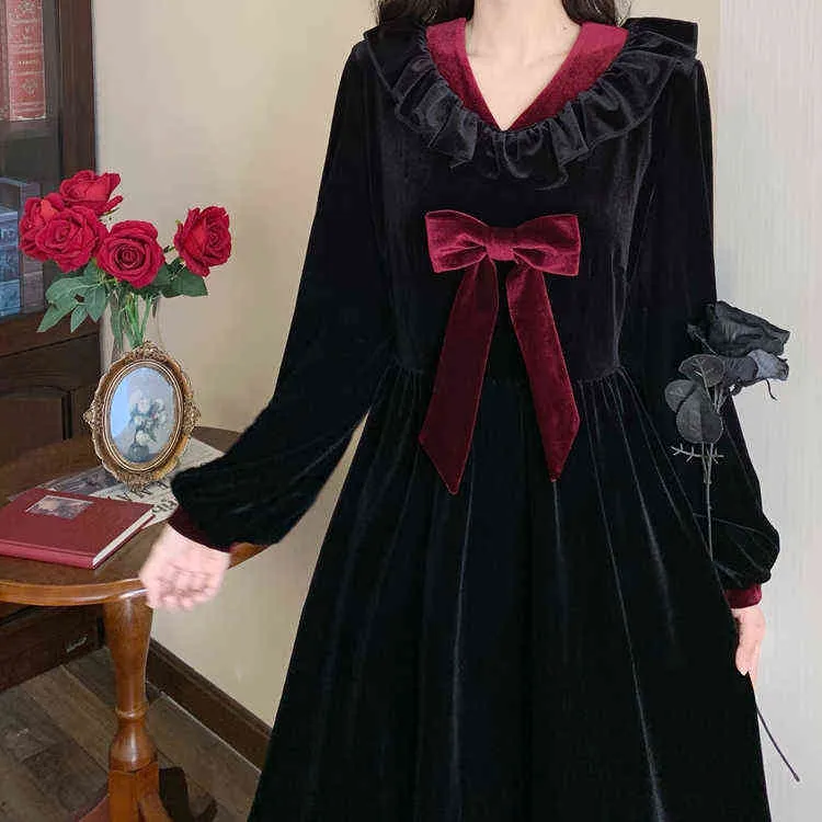 Kadınlar Artı Boyutu 4XL Noel Yeni Yıl 2022 Tatlı Parti Elbise Uzun Kollu Lolita Kadife Vintage Elbise Kış Dış Giyim Y2K Giysileri Y1204
