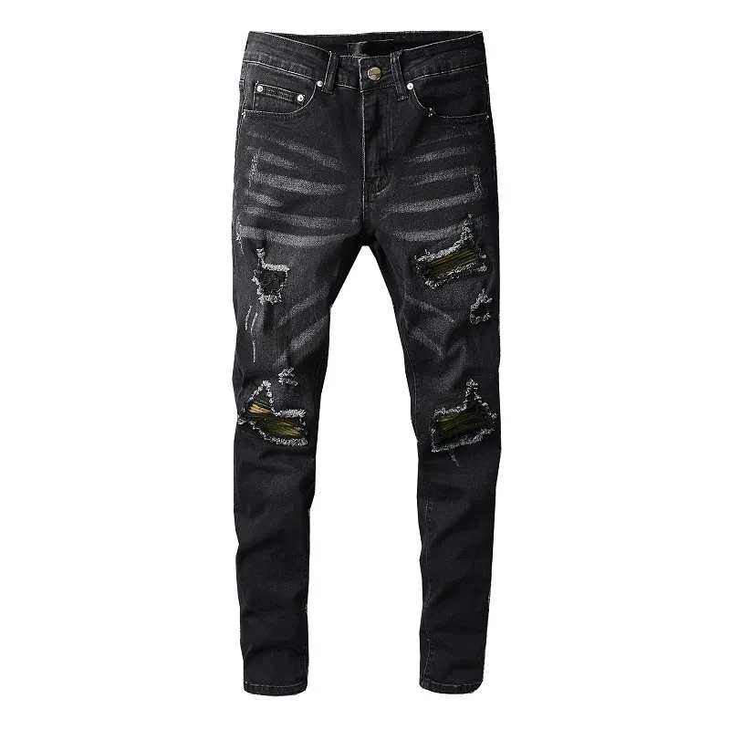 Jeans Desiger lunghi slim strappati con foro strappato Pantaloni Demin neri lavati di alta qualità Jeans streetwear