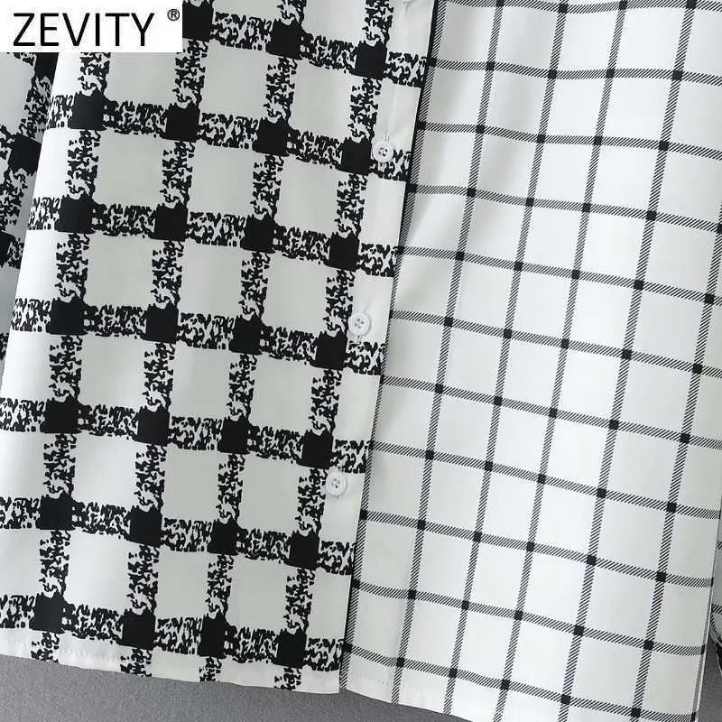 Zevenity Dames Vintage Houndstooth Plaid Patchwork Print Smock Blouse Office Lady Stand Collar Shirts ChiCh Blusas Tops LS7640 210603