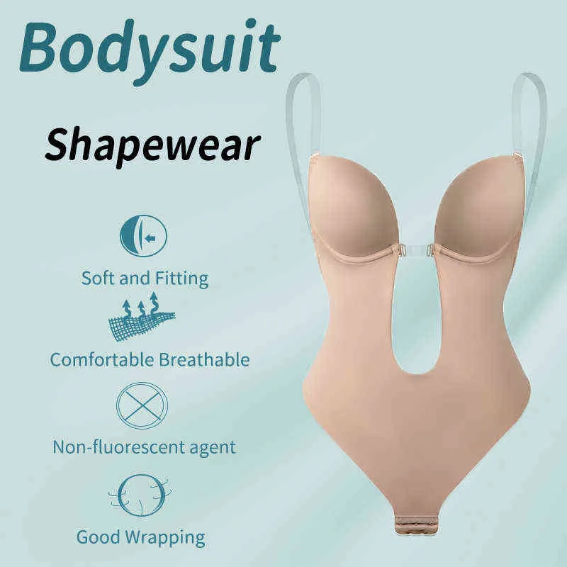 Body Shapewear Deep V-Cou Body Shaper Dos Nu U Plunge String Shapers Taille Entraîneur Femmes Sangle Claire Rembourré Push Up Corset 211029