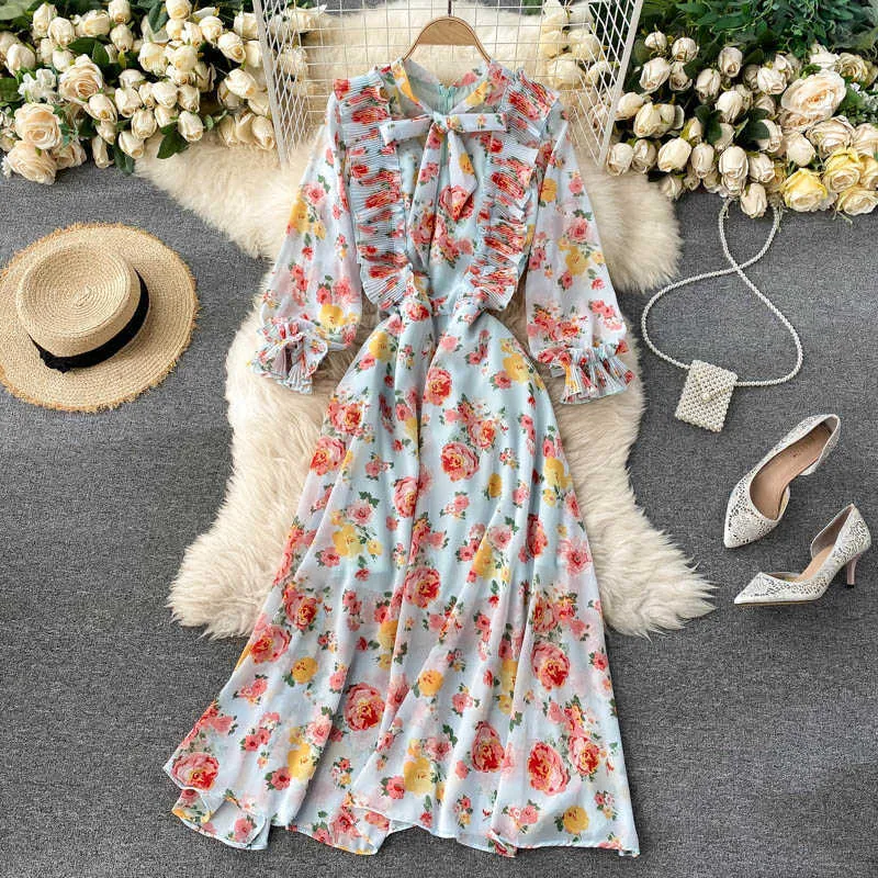 Sommer-Maxikleid mit Foral-Print, Damen, Boho, neun Punkte, Ärmel, Fliege, plissiert, Rüschen, Strandurlaub, Chiffon, lang, 210603