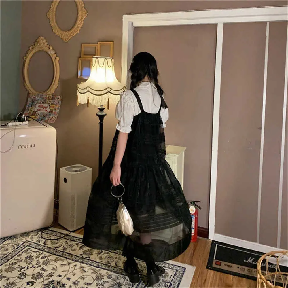 Kobiety czarny gotycki pasek siatkowy sukienka Summer All-Match Casual Fashion wiek Redukcja luźna koreańska projektant Dark Tull Princess Dress 210619