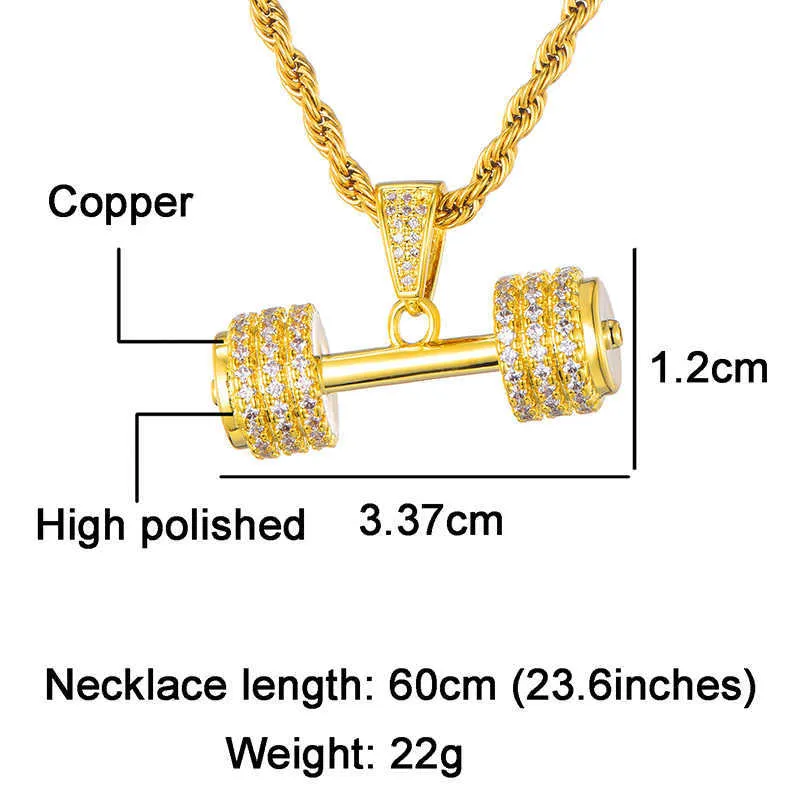 Hip Hop glacé Bling corde chaîne haltère Gym Fitness haltère couleur or main pendentifs colliers pour hommes bijoux 201013206Q