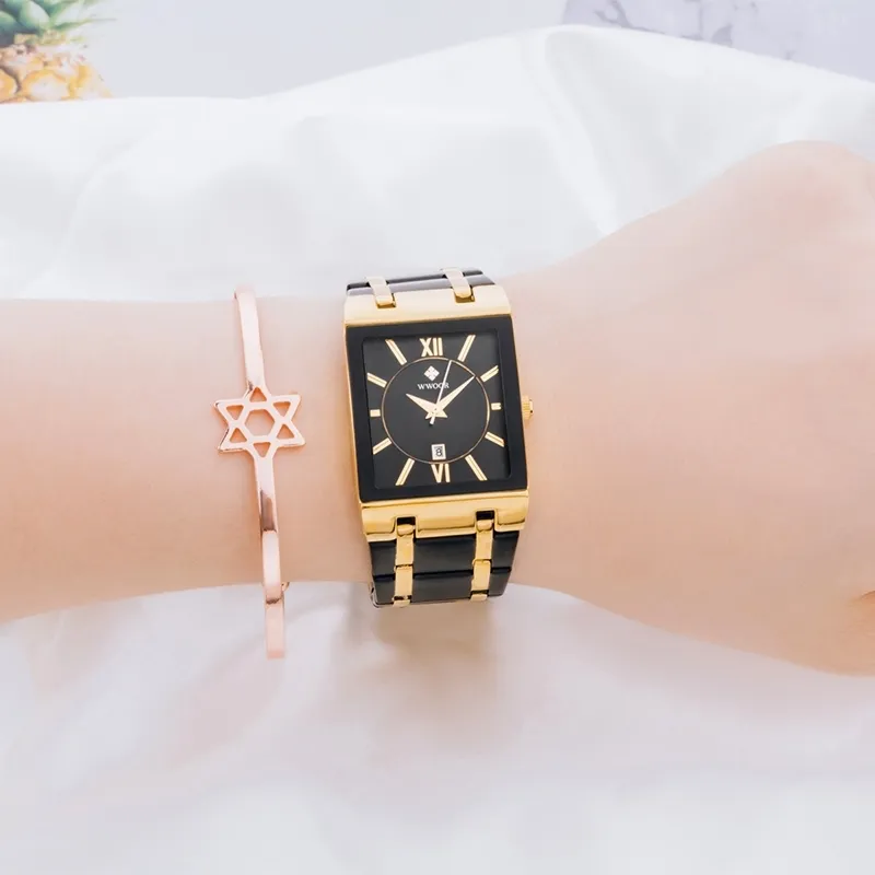 Wwoor Ladies Watch Top Brand Japanese Quartz Watches Square Black Gold Watch rostfritt stål Vattentäta Fashion Women Wristwatch 2196o