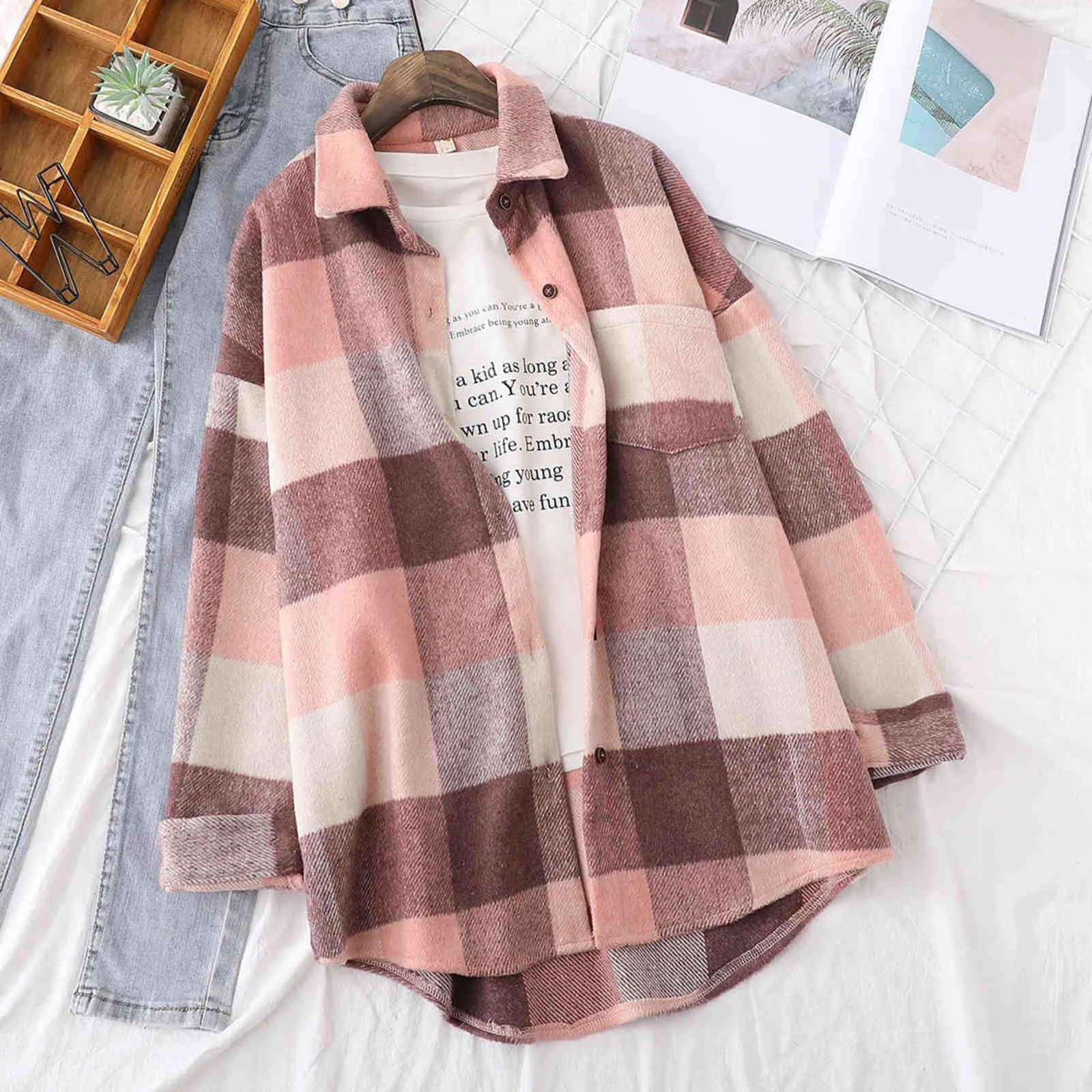 Spring Women Big Plaid Full Sleeve Thick Warm Woolen Shirt Jacket Winter Oversize Tops Stylish Girl Casual Outwear T0N444T 211029